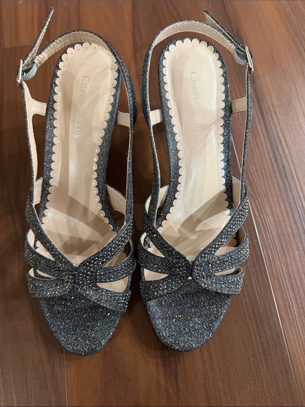 Charter Club Black Glitter Slingback Heels with Crisscross Straps